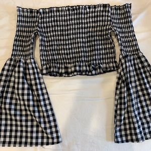 Boohoo Gingham Black and White BellSleeve Crop Top